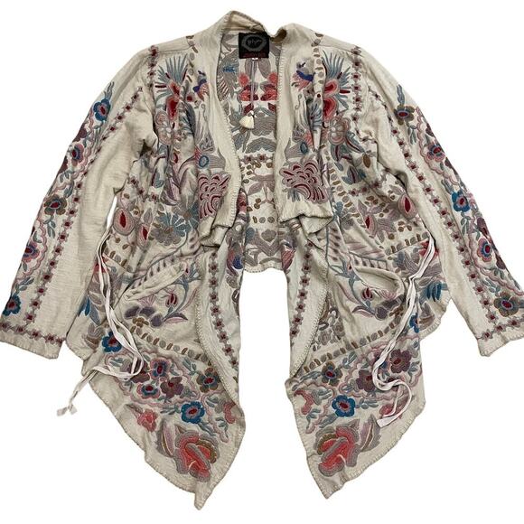 Johnny Was Sweaters - Biya Johnny Was Wrap Cardigan L | Waterfall Drape, Aztec Floral Embroidery $468